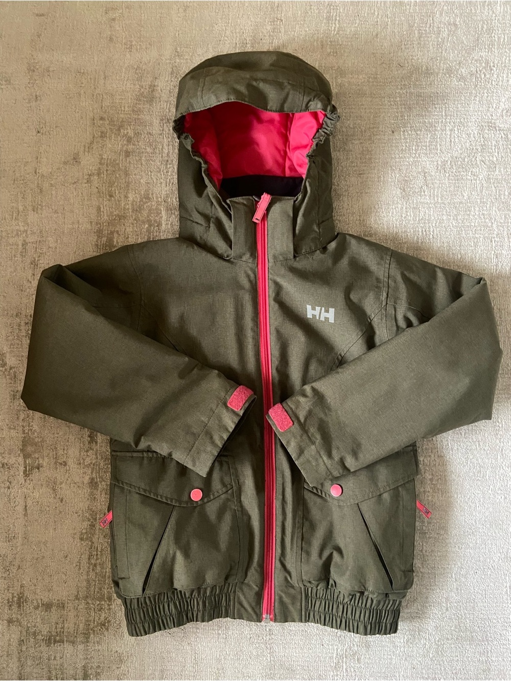 Helly Hansen Kids Army Green Waterproof Jacket with Pink Trim